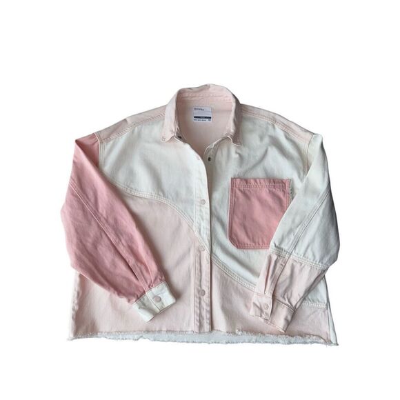 Bershka 100% Cotton Pink & White Color Block Oversized Denim Jacket - Picture 3 of 10